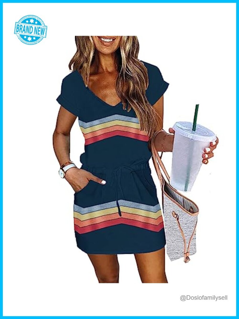 Women's Summer Mini Dress Lantern Sleeve V-Neck Tie Front Drawstring